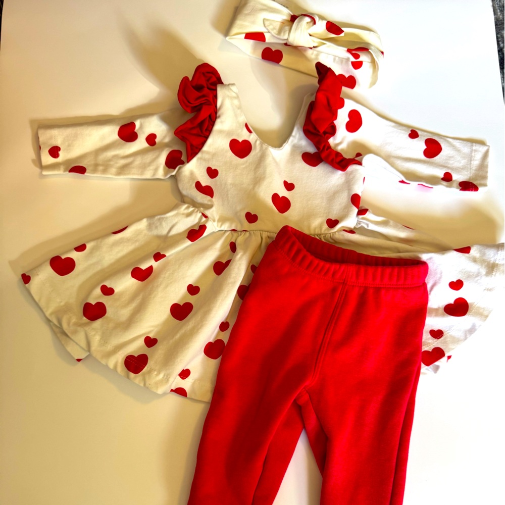 Monica & Andy Valentine’s Day Set Outfit Red Hearts 0-6 Months with Headband